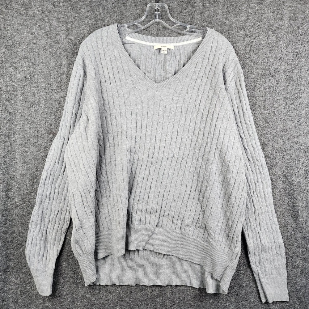 Merona Cable Knit Sweater Women 20W/22W Grey Excellent V-Neck Cotton Blend